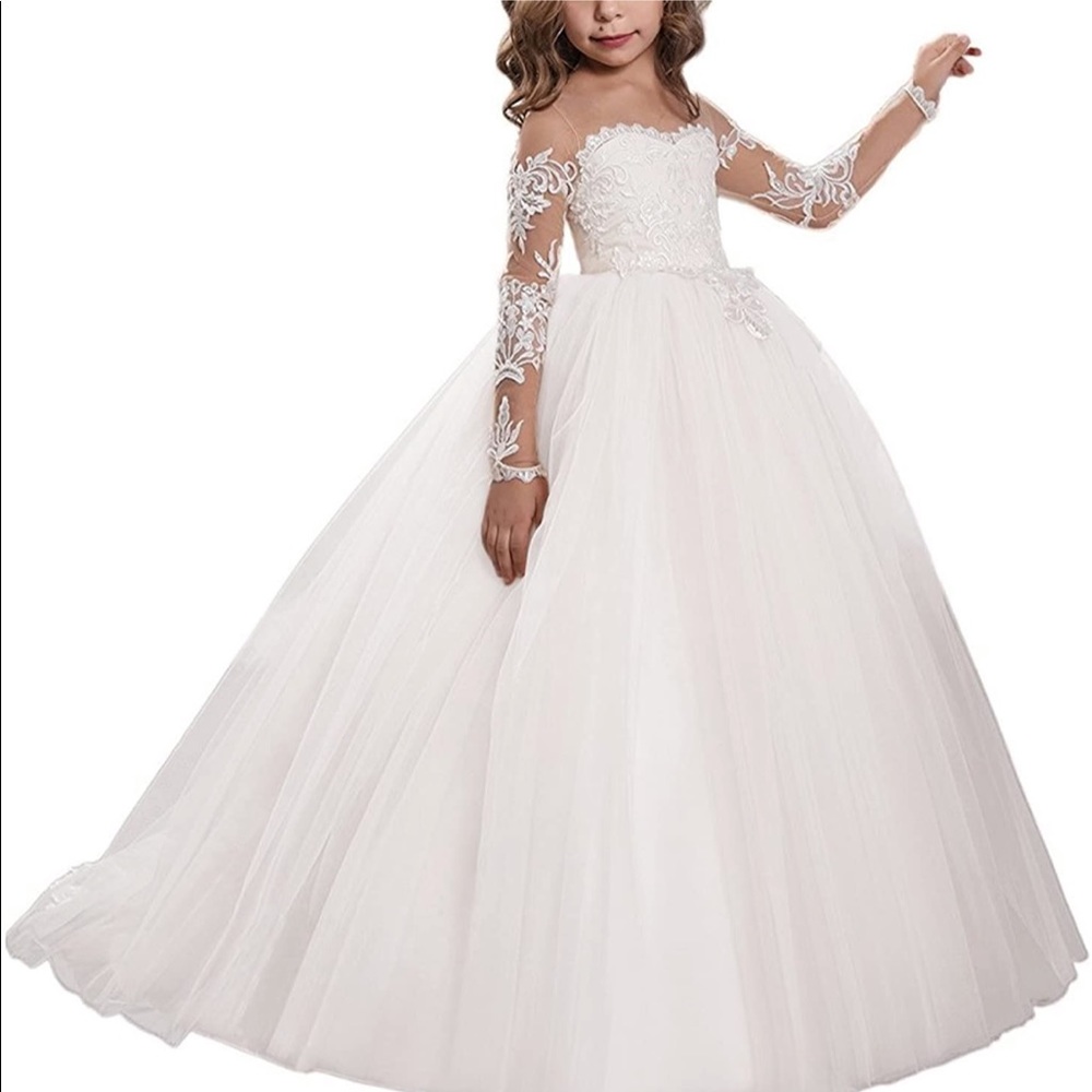 Abaowedding Lace Embroidery Sheer Long Sleeves Kids Trailing Gowns
